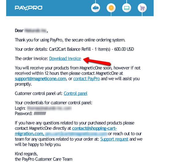 PayPro email with a link to download data migration invoice