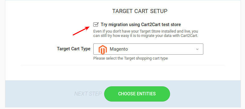 Selecting Cart2Cart test store for shopping cart data migration preview
