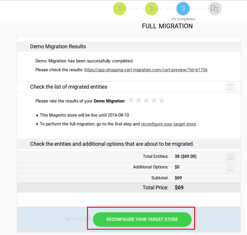 Reconfiguring Target store for full shopping cart data migration