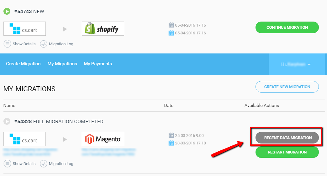 Locate the Recent Data Migration button in your Cart2Cart account