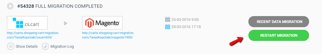 Screenshot of Cart2Cart My Migrations List showing the Restart Migration button