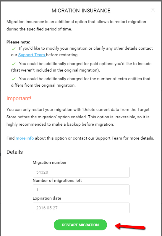 Screenshot of the Cart2Cart Restart Migration confirmation screen