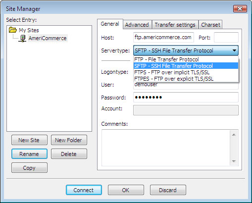 Selecting SFTP for AmeriCommerce data migration