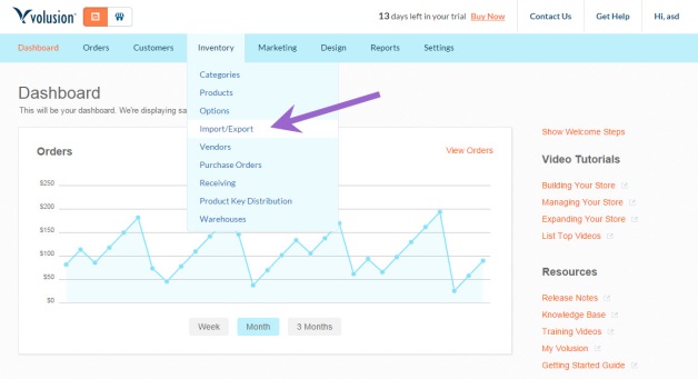 Volusion Dashboard - Inventory Import/Export