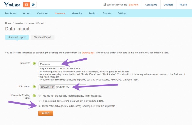 Volusion Import Settings - Data Migration